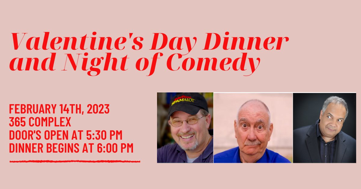 Join us for a wonderful couple's night: Valentine's Day Dinner and Night of Comedy! 

Date: February 14, 2023
Time: 6:00 pm to 8:30 pm
Place: 365 Complex, Inman, KS
Get your tickets here: bit.ly/3jDYxli