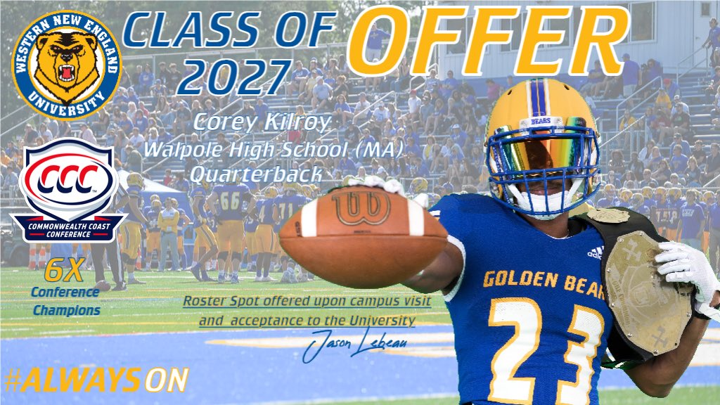 Excited to receive an offer from Western New England! Thank you coaches! <a href="/Coach_Lebeau/">Jason Lebeau</a> <a href="/EvanEastburn/">Evan  Eastburn</a> <a href="/coachsullivan63/">chris sullivan</a> <a href="/WNEFB/">WNE Football</a>
