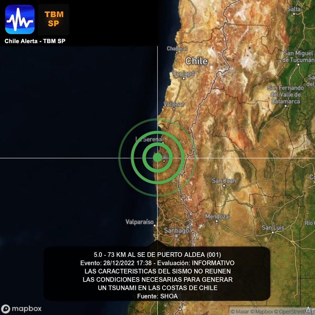ChileAlertaApp's tweet photo. Boletín 001 de Tsunami. 🌎
5.0 - 73 KM AL SE DE PUERTO ALDEA.
INFORMATIVO - 28/12/2022 17:38.
https://t.co/RblVNxZYn8 #tsunami https://t.co/cupTPpbxv6