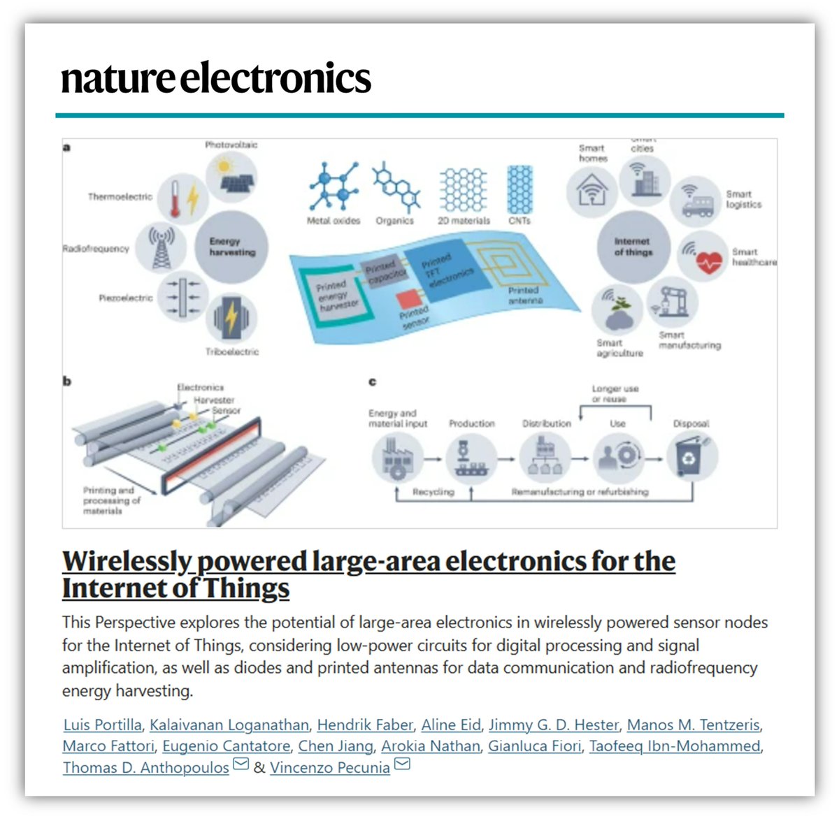 How can #printable #semiconductors enable a #sustainable Internet of Things? 
Read our latest paper @NatureElectron:▶️rdcu.be/c2pf6 

#IoT #OrganicSemiconductors #2DMaterials #MetalOxides #CarbonNanotubes #TFTs #EnergyHarvesting #Sustainability

doi.org/10.1038/s41928…