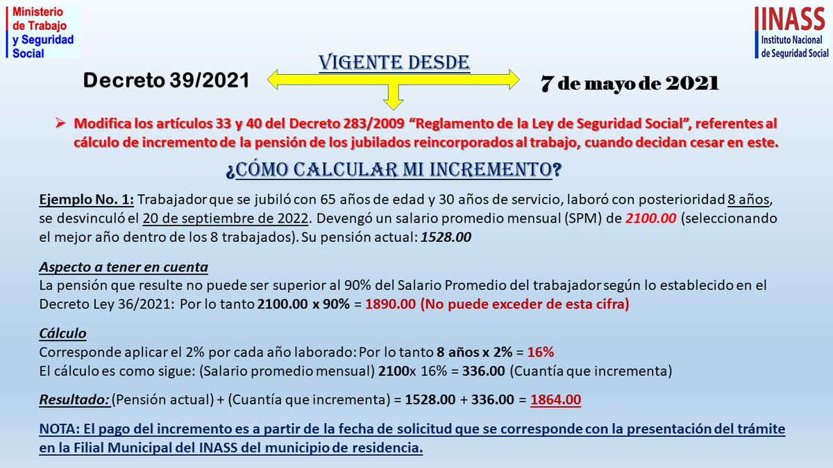 BenitoReyGonza1's tweet photo. Cómo calcular el incremento de pensión de un jubilado reincorporado al empleo cuando cesa en él. Aquí les brindo un ejemplo sencillo para que usted sepa.
#SeguridadSocial #INASS_CUBA
@MTSS_CUBA @Grabiel920328 @MartaEFeito @VMarlenGarcia https://t.co/1ZNWxcfRfy