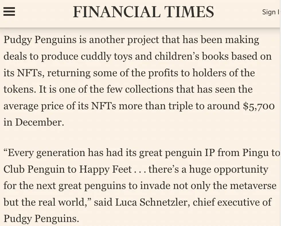 Ruan_Insight's tweet photo. UPDATES: @pudgypenguins appears on @FinancialTimes article "NFT Creators Diversify Into Real-World Assets To Generate New Revenues" 

#NFT #web3 https://t.co/nDdH4ukv57