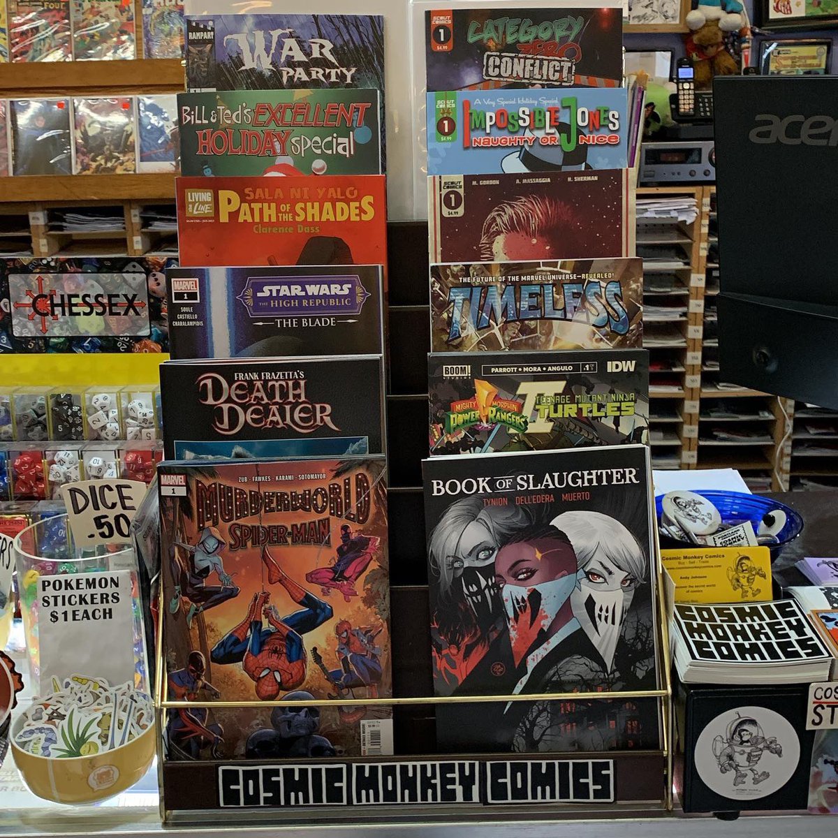 cosmicmonkey's tweet photo. Featured items that arrived today. We also received our DC books. #murderworldspiderman #bookofslaughter #deathdealer #mmprtmntII #starwarshighrepublictheblade #timeless #salaniyalo #pathoftheshades #billandtedsexcellentholidayspecial #impossiblejonesnaughtyornice #warparty https://t.co/C7BiLNkFs7