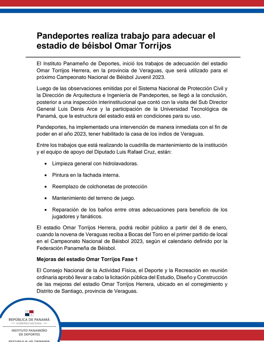 BUENA NOTICIA.

Aprobaron el estudio, diseño y construcción de las mejoras del Estadio Omar Torrijos Herrera de Santiago (Fase 1), en el Consejo Nacional de la Actividad Física, Deporte y Recreación (<a href="/Pandeportes/">Pandeportes</a>).

La licitación pública sería en el mes de Enero 2023.