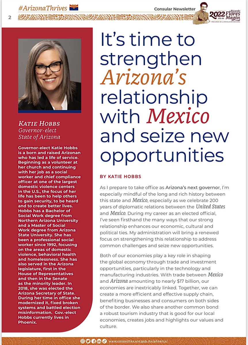 ConsulMexPho's tweet photo. Check out the last edition of the year of the #ConsularNewsletter!
#ArizonaThrives features an article by Arizona’s Governor-elect, @katiehobbs, highlighting her administration plans to bring a renewed & strong relationship between Mexico & Arizona 🤝.
👉https://t.co/oEjVMfBnjw https://t.co/4FICzWPAoa