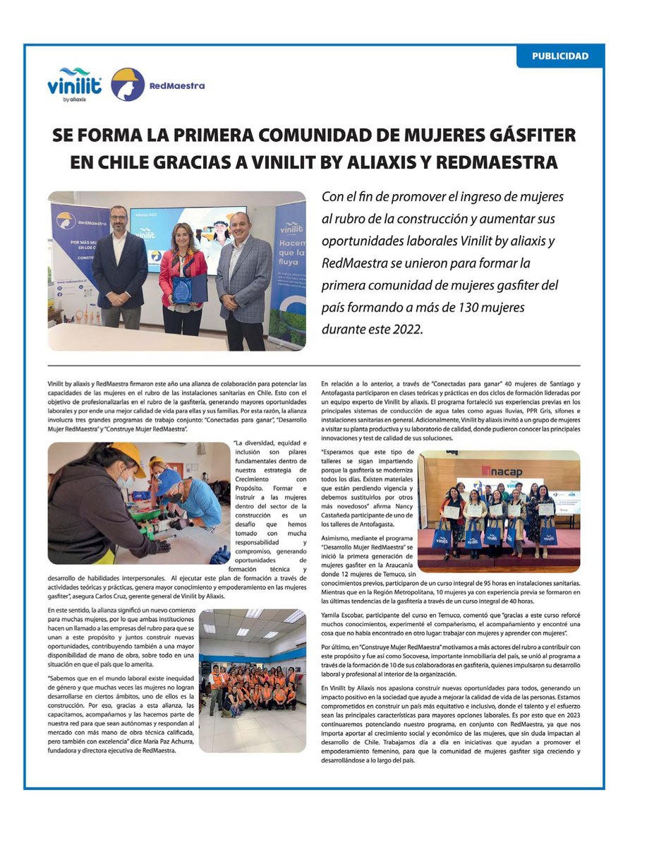 RedMaestra's tweet photo. Hoy @lun publicó una nota sobre la primera comunidad de mujeres #gasfiter que formamos junto a Vinilit by @aliaxisglobal en #Chile 🙌 ! Lee el artículo completo aquí: https://t.co/ESsJdZepNR https://t.co/57GYUYI4mC