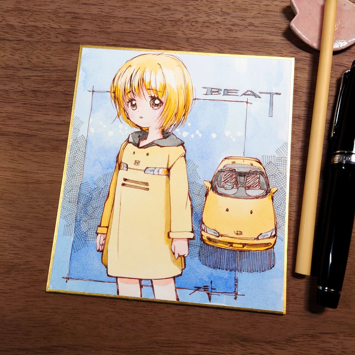 1girl brown eyes solo traditional media blonde hair short hair looking at viewer  illustration images