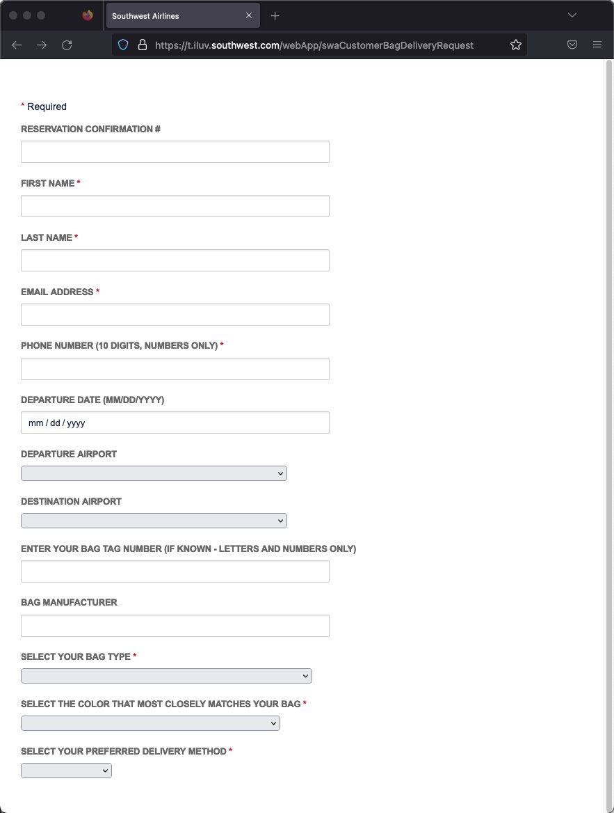 phonejill's tweet photo. Neat that @SouthwestAir created a form so I can tell them I want my bag back. 
Next time: add a SUBMIT BUTTON to the form!
(yes, that's the entire form)
#SWAhasBaggage https://t.co/HvKWLtclWY