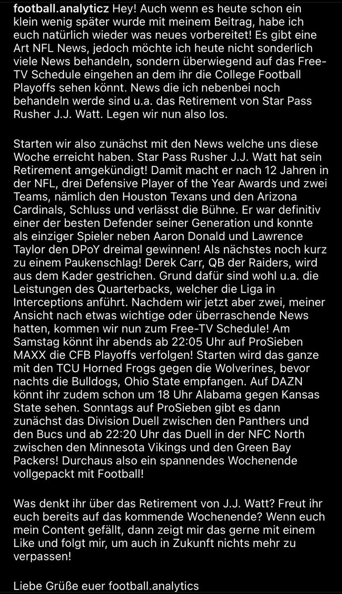 ftbllanalytics's tweet photo. Hey! Auch heute gibt es wieder einen neuen Beitrag mit NFL News für euch! Diesmal wird das Hauptthema jedoch J.J. Watt und sein Retirement, sowie die anstehenden College Football Playoffs, bzw. das Free-TV Schedule des Wochenendes sein! #ranNFL #ranCollege #ranNFLsuechtig #JJWatt https://t.co/6Y5U40oRMj