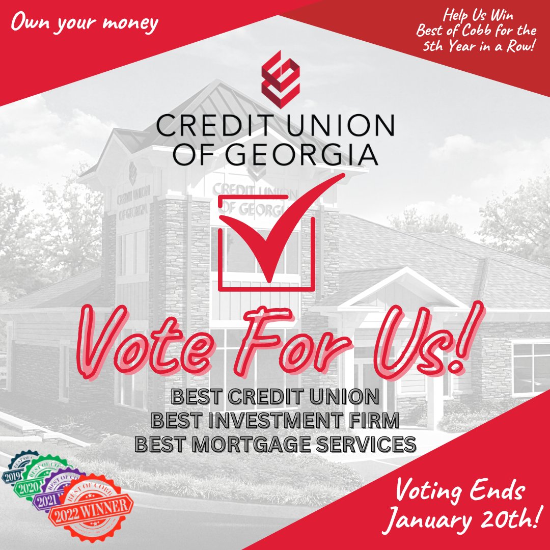 GeorgiaCredit's tweet photo. ✔ Help us win #BestOfCobb for the fifth year in a row!!
⭐ Best Credit Union 
⭐ Best Investment Firm 
⭐ Best Mortgage Services
Click the link below to vote daily from now until January 20th.
https://t.co/P1SlkERZYE...
#DoYouCU #Community #BestOfCobb https://t.co/1knfW5eVvL
