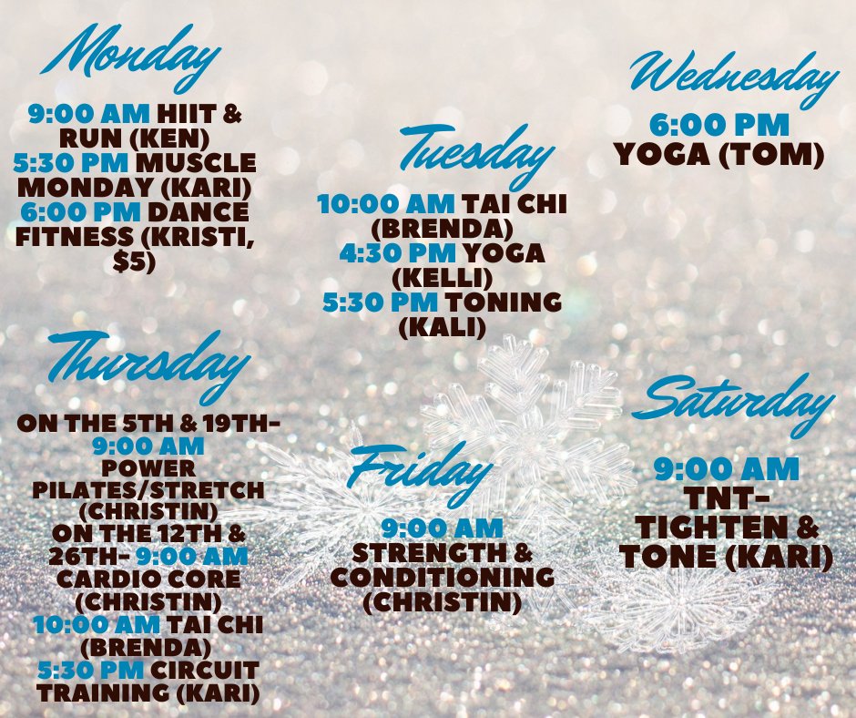 SJRecCenter's tweet photo. Join our fitness classes in January! The schedule is below. Members are free, nonmembers are $5. Everyone pays $5 for Dance Fitness! https://t.co/YjSK2Vh6Cz