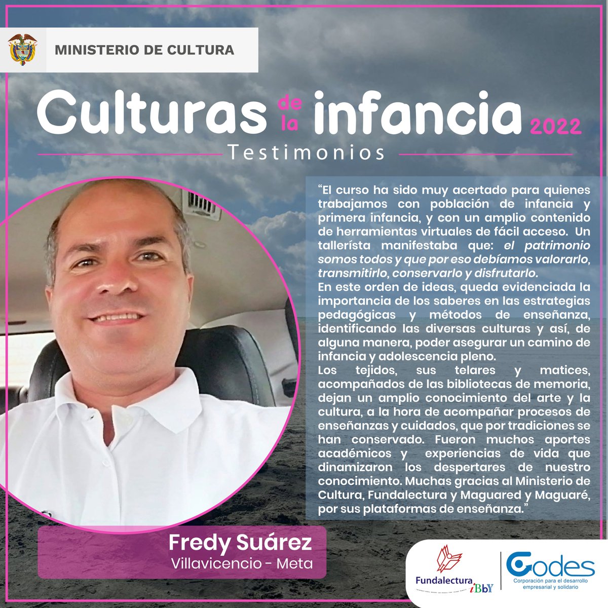 Del seminario y curso virtual "Culturas de la Infancia", tenemos la fortuna de recibir testimonios de los agentes educativos y culturales que participaron. Hoy desde Villavicencio, Fredy Suárez nos comparte sus palabras <a href="/dirpoblaciones/">Dir. Poblaciones</a> <a href="/mincultura/">MinCultura Colombia</a> @ConsejeriaNinez <a href="/Fundalecturaco/">Fundalectura</a>