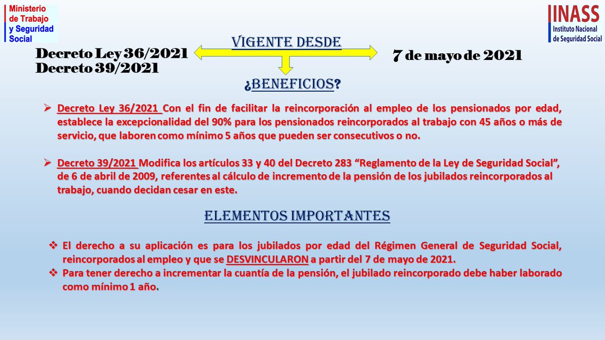 BenitoReyGonza1's tweet photo. Incorporación de los jubilados al empleo. Decreto Ley 36 y Decreto 39 ambos del 2021. Cosas que debe conocer y sus beneficios para el incremento de la cuantía de la pensión. #SeguridadSocial #INASS_CUBA
@MTSS_CUBA @Grabiel920328 @VMarlenGarcia @MartaEFeito https://t.co/HzPcEroT4b