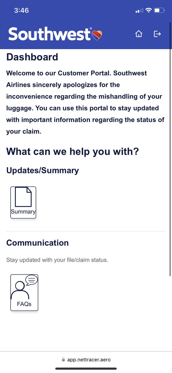Katy Haynes (@kmhaynes22) on Twitter photo Got this text from <a href="/SouthwestAir/">Southwest Airlines</a> about my bag so I check my claim to change my address (no way my bag makes it to me before I have to go to bham), there’s no option to “send a message to communicate with us” and they keep hanging up on me when I call. It’s comical at this point Got this text from <a href="/SouthwestAir/">Southwest Airlines</a> about my bag so I check my claim to change my address (no way my bag makes it to me before I have to go to bham), there’s no option to “send a message to communicate with us” and they keep hanging up on me when I call. It’s comical at this point