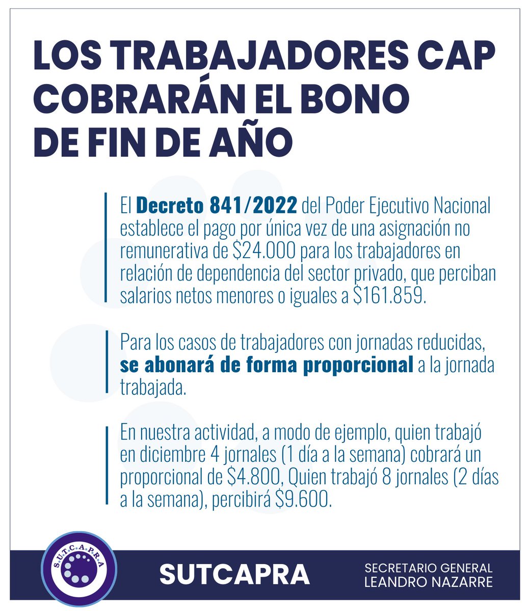 SutcapraOk's tweet photo. ❗ Bono de fin de año para trabajadores CAP
Todos los trabajadores y trabajadoras de Control de Admisión y Permanencia (CCT 717/15 y 779/20) deberán percibir una Asignación No Remunerativa, por única vez, establecida por Decreto 841/2022
#sutcapra #bonofindeaño #cap #seguridad https://t.co/eievf9LwqW