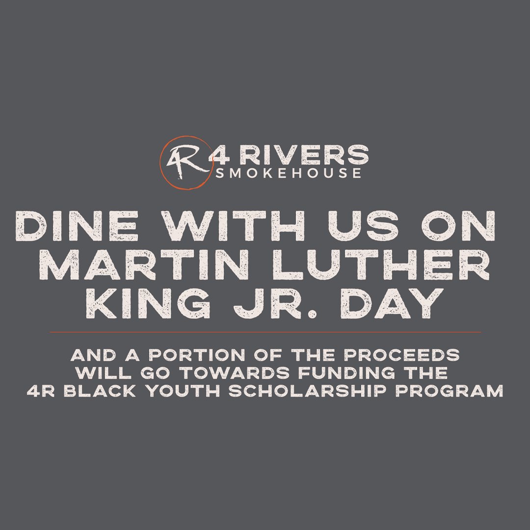 4RSmokehouse's tweet photo. Please dine with us on Monday, January 16th and a portion of proceeds will go towards our 4R Black Youth Scholarship Program in honor of Martin Luther King Jr. Day. https://t.co/t0n6rhmJa9