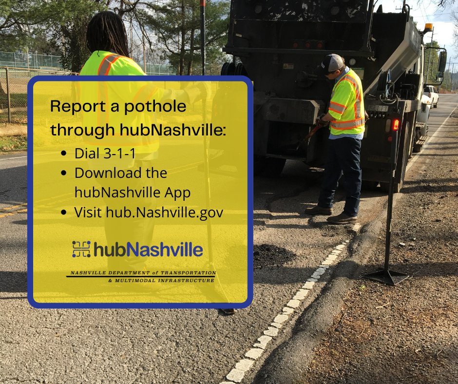 NDOT crews are working to patch potholes that have surfaced due to the recent winter weather (ice + snow). 📌If you see a pothole during your commute, report it by: ☎️ Calling 311 📲 Downloading the @hubNashville App 🖥️ Visiting hub.Nashville.gov