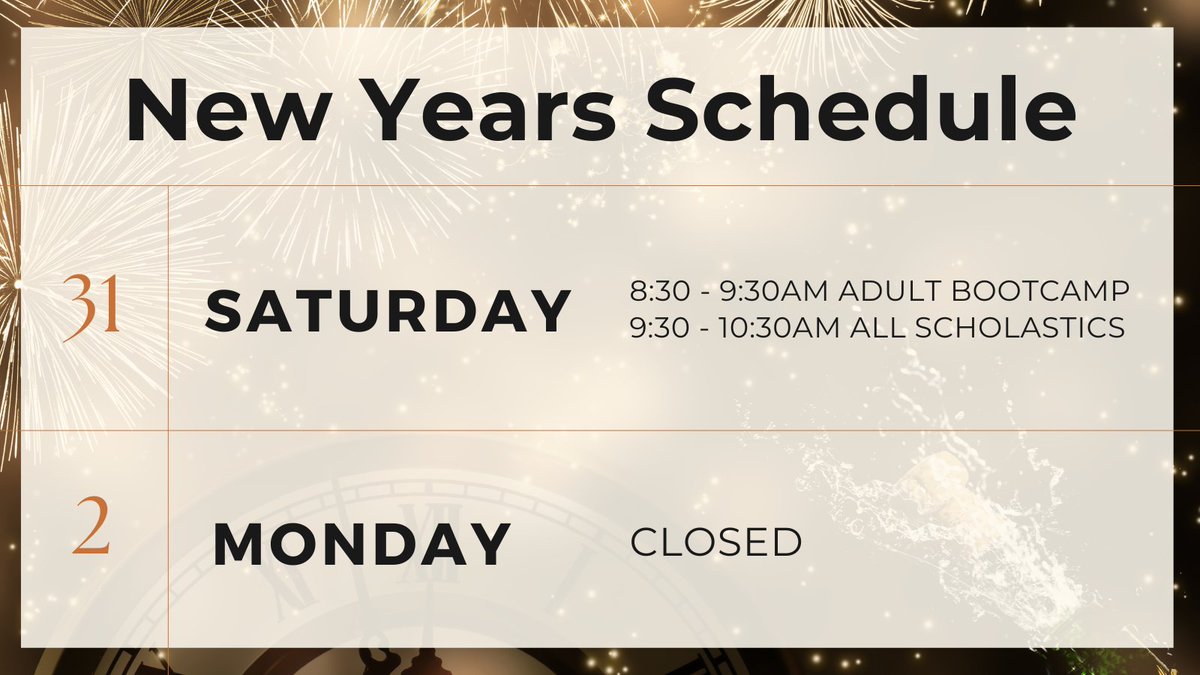 Check out the schedule for the weekend of New Years! 🎇

Saturdays schedule has been adjusted &amp; we are closed Monday, January 2nd, 2023 in observance of New Years. 

Have a safe and fun weekend! Wishing you all the best for the year of 2023 ✨