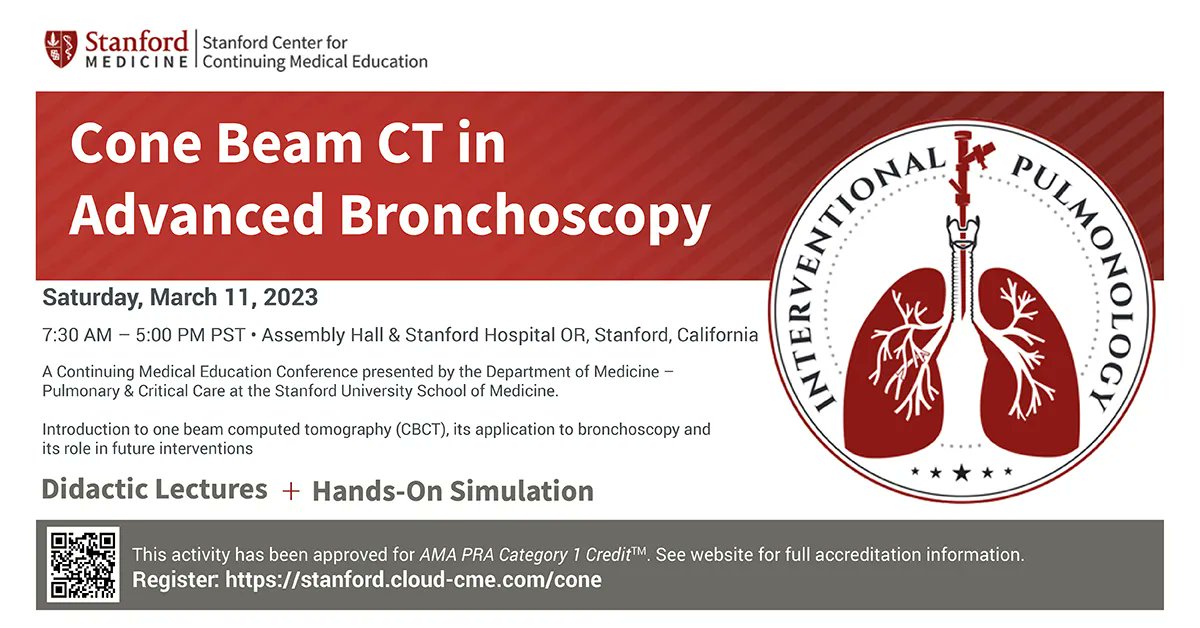 Stanford CME (@stanfordcme) on Twitter photo Join Us: <a href="/StanfordDeptMed/">Stanford Department of Medicine</a> Cone Beam CT in Advanced Bronchoscopy
A 1-day course that brings together experts in the field of advanced bronchoscopy to provide an overview that covers everything from applications to future interventions.+ Hands on sessions!
buff.ly/3WqsL9S Join Us: <a href="/StanfordDeptMed/">Stanford Department of Medicine</a> Cone Beam CT in Advanced Bronchoscopy
A 1-day course that brings together experts in the field of advanced bronchoscopy to provide an overview that covers everything from applications to future interventions.+ Hands on sessions!
buff.ly/3WqsL9S