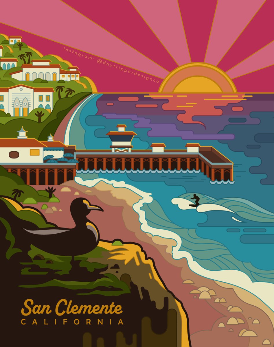 DaytripperDsgn's tweet photo. New Print Release...#SanClemente, #California!  This piece is packed with #local symbolism: the #SanClementePier, #SpanishArchitecture, and even reference to the #BirdSanctuary.  Prints available on Etsy: https://t.co/1BBeCpHZdr #TravelPoster #TourismPrints #CAart #CaliforniaArt https://t.co/sBriGBC7LU