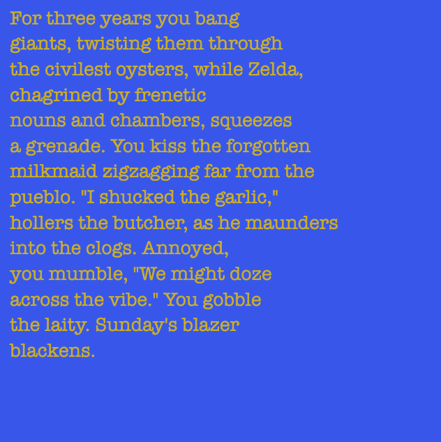 yourstorywtf's tweet photo. Thanks to #0x6A8696, who minted #YourStory #45 and #46.
"You shoulder the #rusty #bard #swaggering about the #arena"
#tabluarwriting #algorithmicfiction #generativetext #NFT https://t.co/iXBK0qooTE