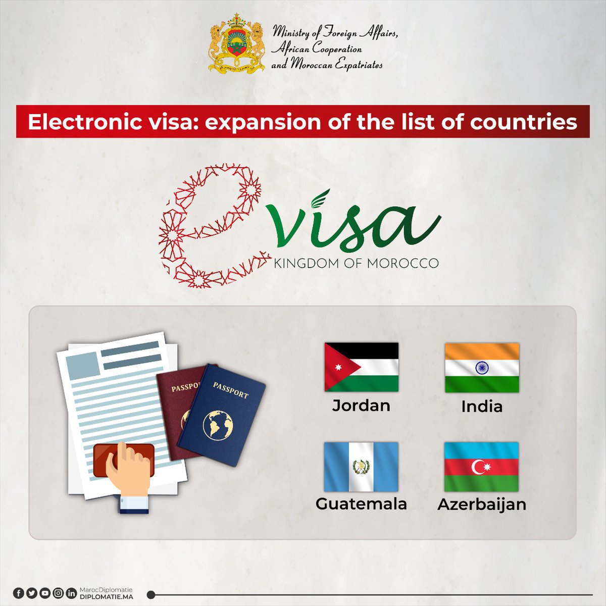 Moroccan Diplomacy 🇲🇦 on X: "🔴Nationals of Jordan, India, Guatemala and  Azerbaijan can benefit from the electronic visa (e-visa) to visit Morocco,  starting January 10th. 🔗https://t.co/yAN8FndWSi https://t.co/DgvfP4Ll6Y" /  X