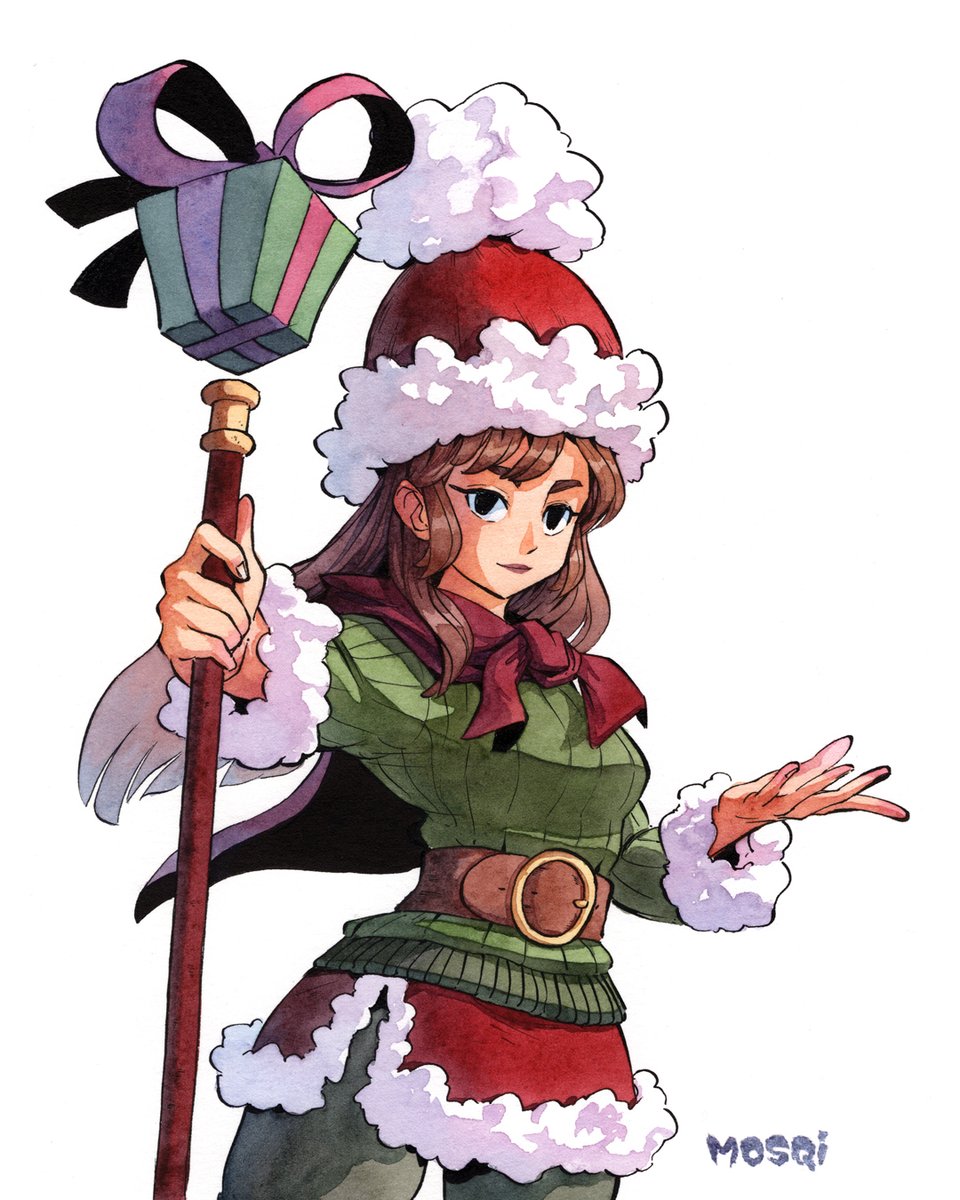 1girl solo brown hair santa hat hat long hair red headwear  illustration images