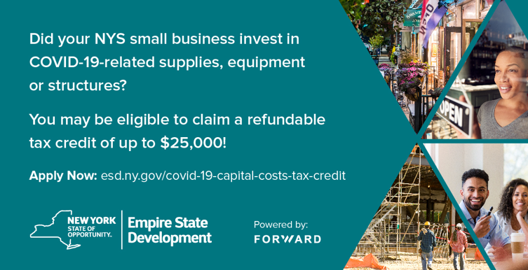 NYSDOS's tweet photo. Hey NYS Small Businesses📢- The deadline is looming for the #COVID19 Capital Costs Tax Credit! ⏳

Don't wait to apply to receive a tax credit certificate. You must apply by December 31, 2022!

Learn more: https://t.co/3RdqlMpW1h https://t.co/Ts7uWFldxs