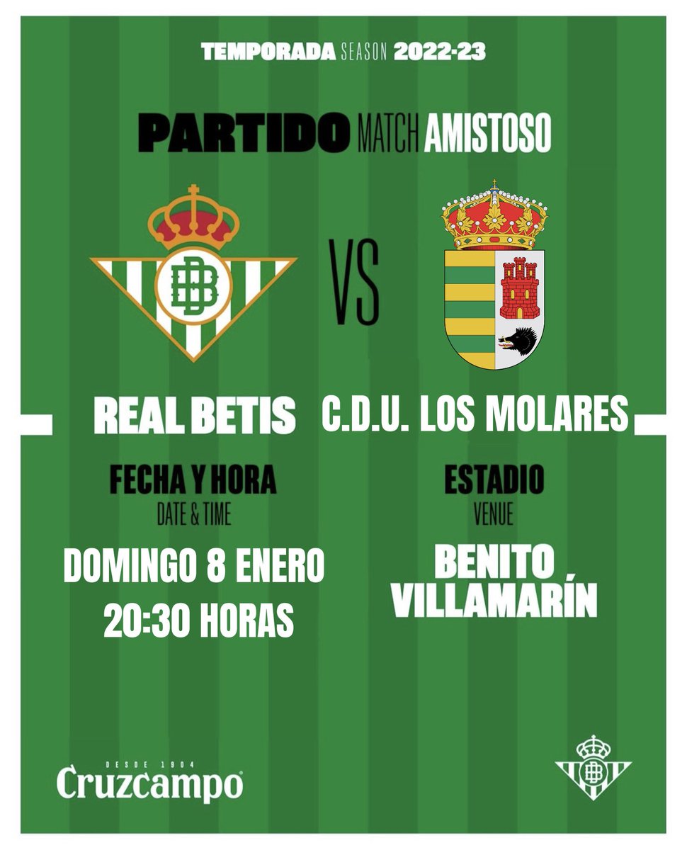 udlosmolares's tweet photo. ¡Es la hora de anunciarlo! 👏🏼 

¡El próximo 8 de enero nos vamos al Benito Villamarín para disputar un amistoso contra el Real Betis de Manuel Pellegrini! 🥳

Muchas gracias al @RealBetis por la invitación 🤝🏼💚 https://t.co/hQ09RWl73b
