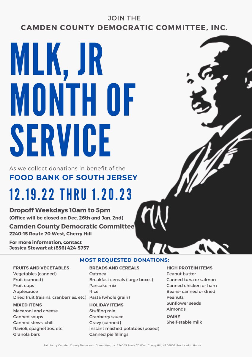 In honor of Martin Luther King Day and in an effort to combat food insecurity in our area, the Camden County Democratic Committee will be collecting donations on behalf of the Food Bank of South Jersey.
