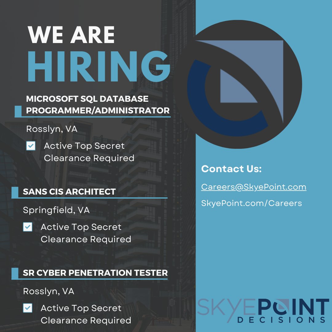 Looking for a new start in 2023? Check out these opportunities:

Microsoft SQL Database Programmer/Administrator ow.ly/iqWo50MejMf
SANS CIS Architect ow.ly/sJXo50MejMb
Sr Cyber Penetration Tester ow.ly/Th5450MejM7

#SQL #SANS #PenTest #ClearedJobs #WereHiring