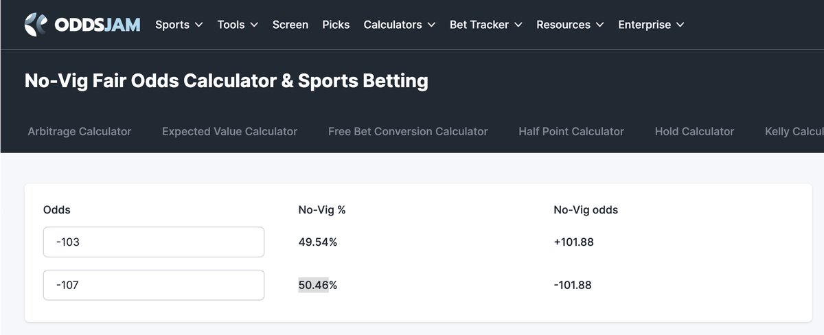 bocker_bets's tweet photo. GUYS this is what it means to hunt for value:
@oddsjam ev page has Kraken ML as small snag for +103 at Super (.83%)
when you put the numbers in the no fig and kelly calc its 2.5% edge to the sharpest book in the world
Clear outlier. Snag the bet.
#bockerbets #gamblingtwitter https://t.co/H1L9mDAZjC