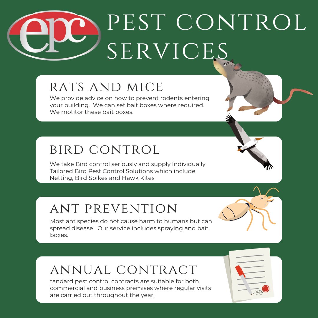 PestControl_EPC's tweet photo. Our #PestControl contracts are suitable for business premises where scheduled visits are carried out, We offer yearly contracts. Full
Online reporting is available.
More info -  https://t.co/dt8Nc3u8Bh
#Hospitality  #restaurants #hotels #publichealth #propertymanagement #FSAI https://t.co/pEE5VAbdVI