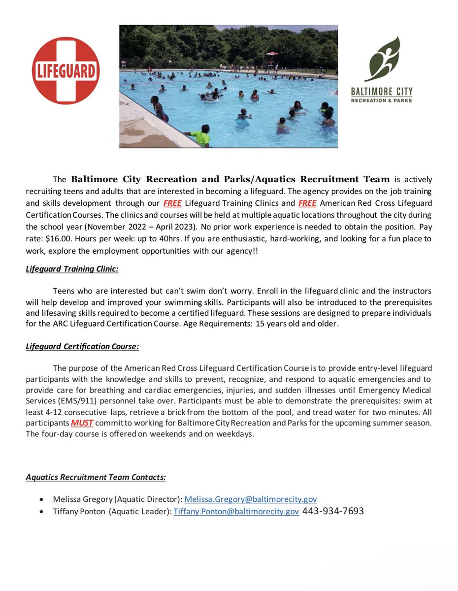 Baltimore City <a href="/RecNParks/">Baltimore Rec & Parks</a> is offering FREE Lifeguard Training Clinics + American Red Cross Lifeguard Certification Courses for teens/adults interested in becoming a lifeguard.

This is a paid opportunity, w/ no prior work experience necessary. See below for more info!