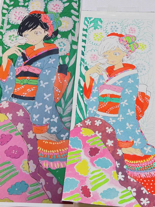 着物の絵は色合わせのパズルといいますか千代紙の千切り絵と言いますか今回はデジタルで仮に塗って色の組み合わせを試してみました左が試し塗りで右が本塗りですもしかしたらデジタルの方で版画風に塗っても綺麗かもしれませんね 