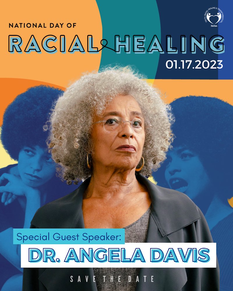 DallasTRHT's tweet image. Dallas TRHT is so excited to announce that the special guest for our 2023 National Day of Racial Healing evening program will be the incomparable Angela Davis! Join us on January 17th, for a conversation with Angela Davis as we connect, build relationships, and bridge divides.