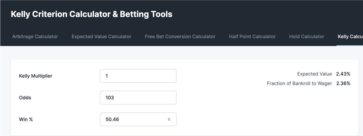 bocker_bets's tweet photo. GUYS this is what it means to hunt for value:
@oddsjam ev page has Kraken ML as small snag for +103 at Super (.83%)
when you put the numbers in the no fig and kelly calc its 2.5% edge to the sharpest book in the world
Clear outlier. Snag the bet.
#bockerbets #gamblingtwitter https://t.co/H1L9mDAZjC