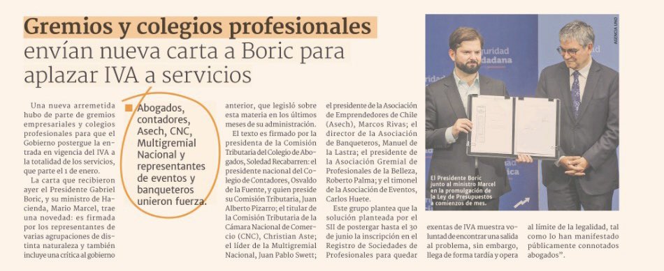 MultigremialN's tweet photo. En conjunto con @ASECH_ag @chilecont @AsevechChile @AbachChile y @CamaraNacional solicitamos expresamente al presidente @GabrielBoric que aplace y derogue el IVA a servicios. Los emprendedores lo necesitan! https://t.co/5WjdkdW5Qv