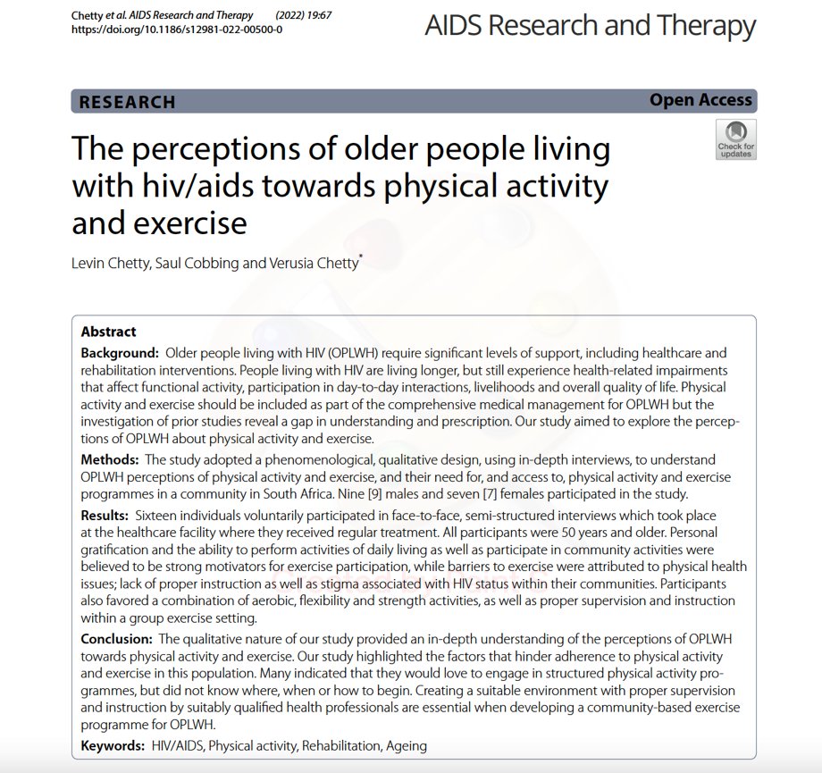 ukznphysio's tweet photo. Congrats to PhD student and @ukznphysio staff member @ChettyLevin for having this excellent paper published. On track for a brilliant doctorate on an important, neglected topic - exercise for people aging with HIV, an ever-increasing demographic in South Africa #proudlyUKZNphysio https://t.co/TqIp50t4Iq