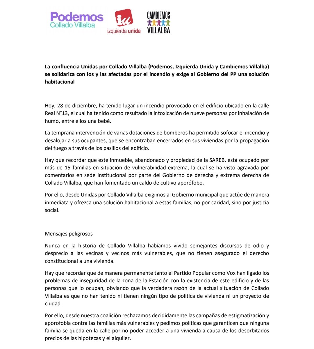 VillalbaPodemos's tweet photo. 🔴 El ayuntamiento de Collado Villalba tiene que estar a la altura de sus vecinos y ayudar a estas familias ya. https://t.co/IH7TM3ndUa
