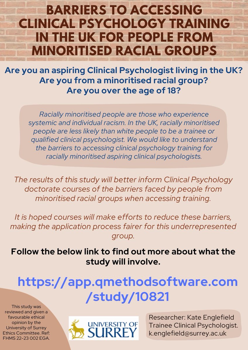 STILL RECRUITING ASPIRING CLINICAL PSYCHOLOGISTS FROM MINORITISED RACIAL GROUPS TO COMPLETE AN ONLINE STUDY INVESTIGATING THE BARRIERS TO ACCESSING CLINPSY TRAINING. STUDY LINK BELOW. PLEASE RT! app.qmethodsoftware.com/study/10821