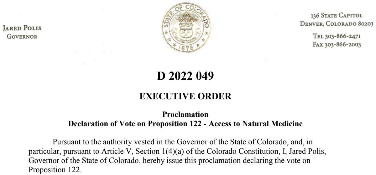 tomangell's tweet image. BOOM: With Colorado Gov. @jaredpolis's declaration, the results of the voter-approved psychedelics ballot measure have been formally certified and it's now officially legal to possess & grow personal use amounts of psilocybin, ibogaine, mescaline and DMT.
marijuanamoment.net/psychedelics-l…