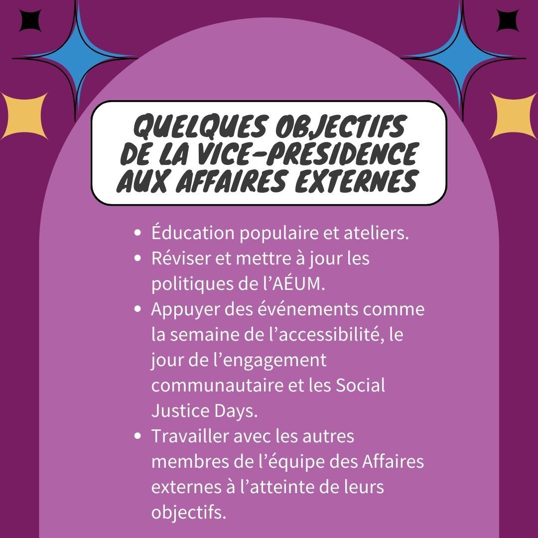 SSMUExternal's tweet photo. Quelques objectifs de la Vice-présidence aux affaires externes :

-

Some of VP External’s Goals for Next Semester
Popular education and workshops

#SSMU #ExternalAffairs #VPExternal #SSMUExternal
#McGill #MiltonParc #Advocacy #CommunityEngagement #SocialJustice https://t.co/23052uOQxZ