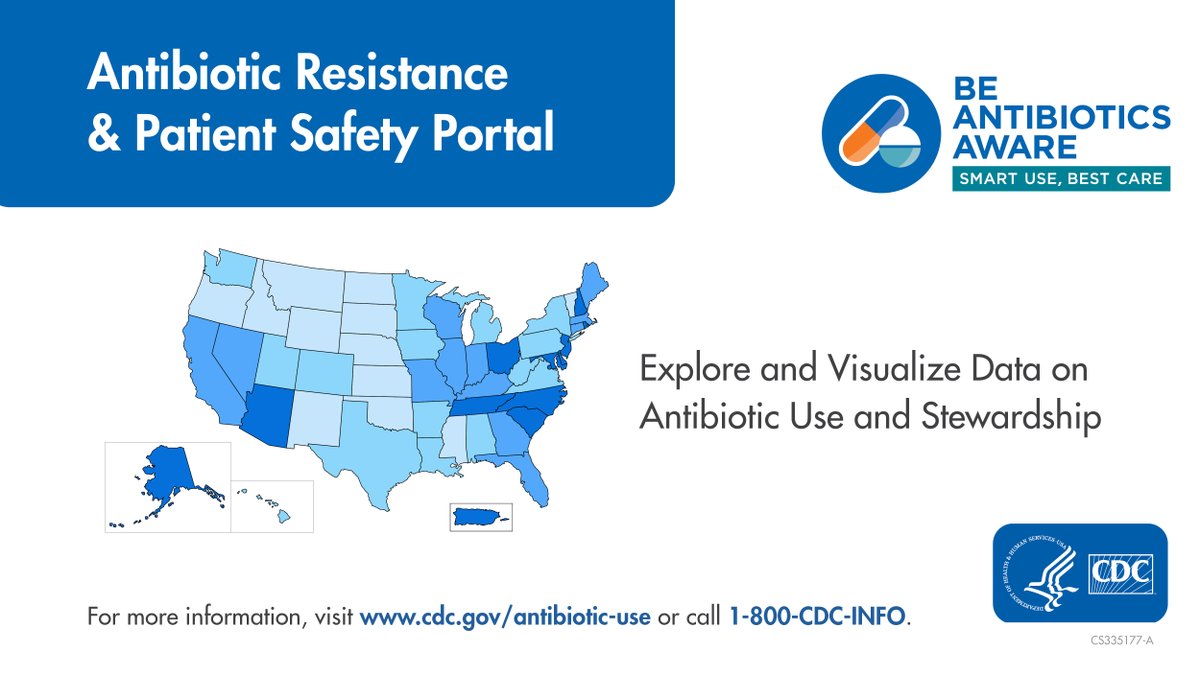 Visit CDC’s Antibiotic Resistance & Patient Safety Portal to explore, visualize, and download data on antibiotic use and stewardship in outpatient, inpatient, and long-term care settings: bit.ly/3VjJT1b #BeAntibioticsAware #AntimicrobialResistance