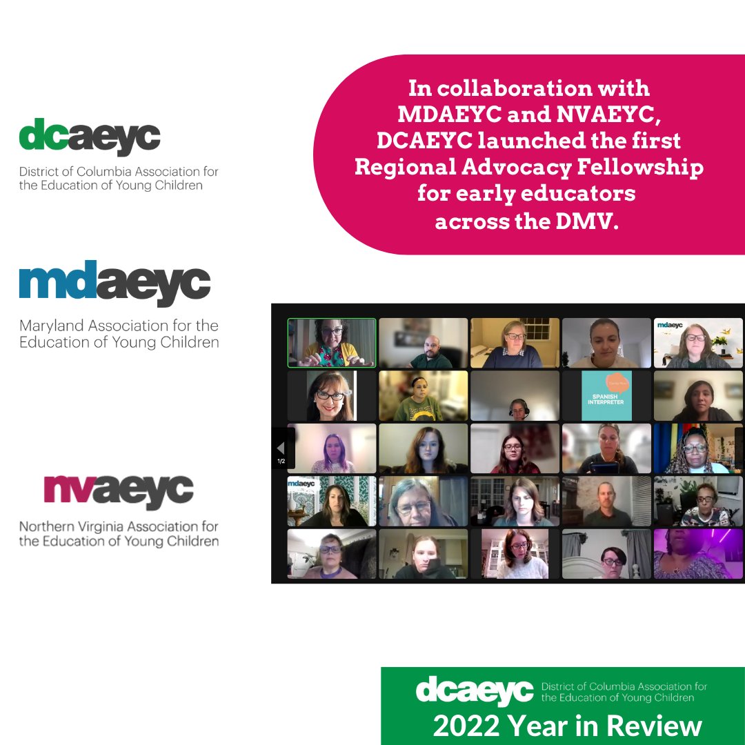 DCAEYC's tweet photo. This year #dcaeyc collaborated w/ @mdaeyc & @nvaeyc to launch the first regional advocacy fellowship in the DMV for #ECE. 30 early educators (10 per affiliate) across all settings were chosen for this cohort to build skills needed to advocate for the #ECEprofession. #yearinreview https://t.co/EPgQtey6HK