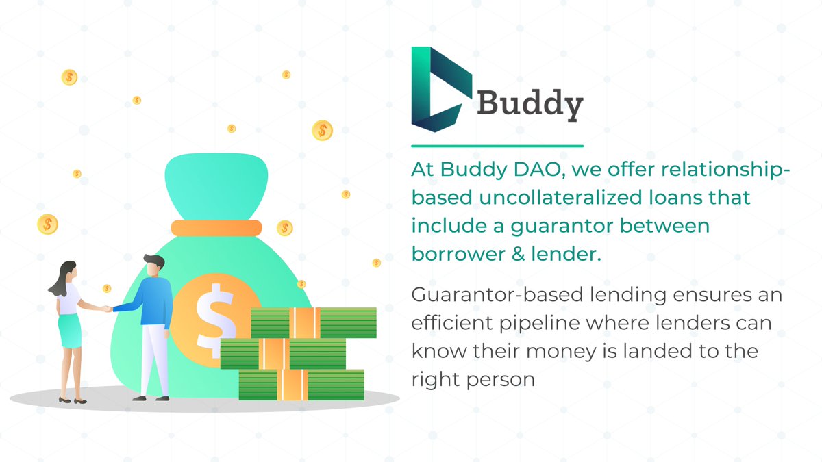 DaoBuddy's tweet photo. At #BuddyDAO, we offer relationship-based uncollateralized loans that include a guarantor between borrower &amp; lender.🤝

Guarantor-based lending ensures an efficient pipeline where lenders can know their money is landed to the right person.😎

Join us 👉https://t.co/O9gjob1nup https://t.co/o31vifApYA