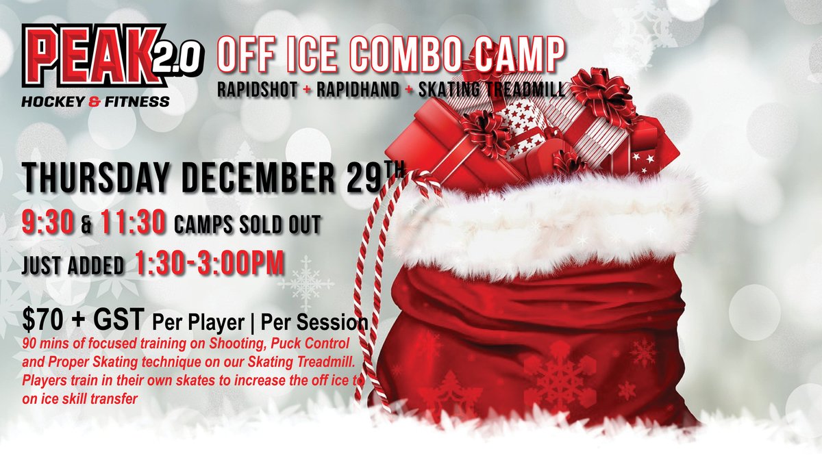 PeakHockeySask's tweet photo. Off Ice Combo Camp
RAPIDSHOT + RAPIDHAND + SKATING TREADMILL

Thursday December 29th
9:30 &amp; 11:30-SOLD OUT
1:30-3:00pm JUST ADDED

$70 + GST Per Player | Per Session
90 mins of focused training with a limit of 8 players per group. https://t.co/LN4vAFXkif