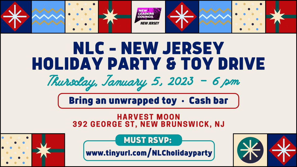 NLC_NJ's tweet photo. 🆕 DATE: Celebrate the holiday season &amp; the new year with our @NLC_NJ Family at our NLC Holiday Party &amp; Toy Drive!

Thursday, Jan. 5, 2023 at 6pm
Harvest Moon, 392 George St., New Brunswick

RSVP: https://t.co/tNztshEk0Y
If you have already RSVP'ed, you do not need to RSVP again. https://t.co/wXmYnMYjOO
