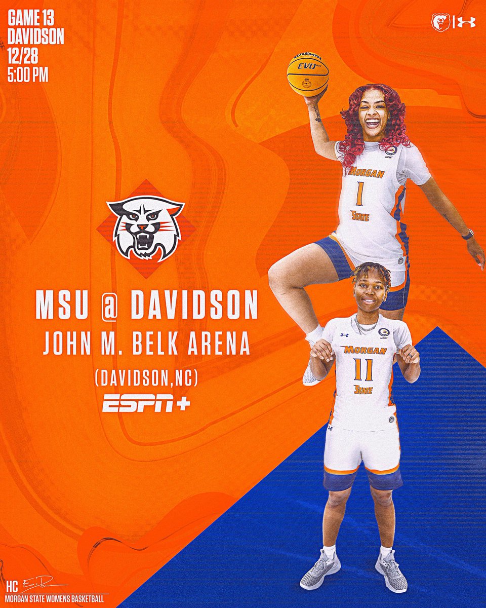 No more breaks! We back at it. 

📍 John M. Belk Arena
⏰ 5:00 PM
🆚 Davidson
📺 ESPN+

#MorganStateWBB | <a href="/MorganStBears/">Morgan State Bears</a> 
<a href="/meacsports/">Mid-Eastern Athletic Conference</a> - <a href="/underarmour/">Under Armour</a>