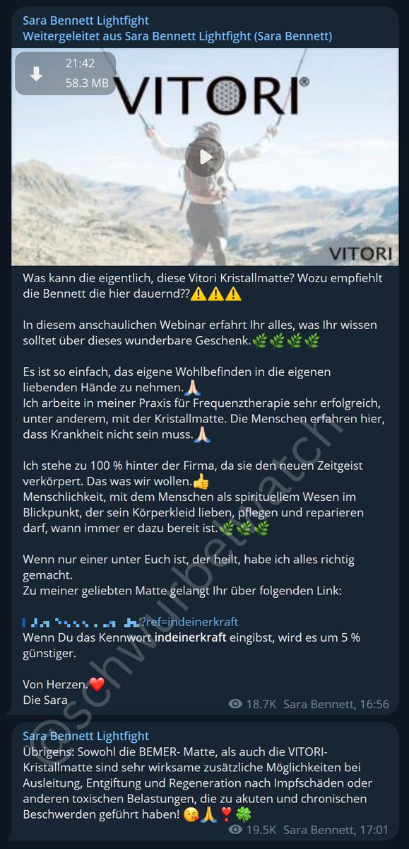 schwurbelwatch's tweet photo. Desinformationsverbreiter (#FaktenFriedenFreiheit & #SaraBennett) machen regelmäßig Werbung für den Esoterik-Quatsch "#Vitori Kristallmatte".
Laut Bennett würde die Matte "sehr wirksam" bei "Ausleitung, Entgiftung und Regeneration nach Impfschäden" sein.
https://t.co/Fe9DXcCoPL https://t.co/WftHubP3UB